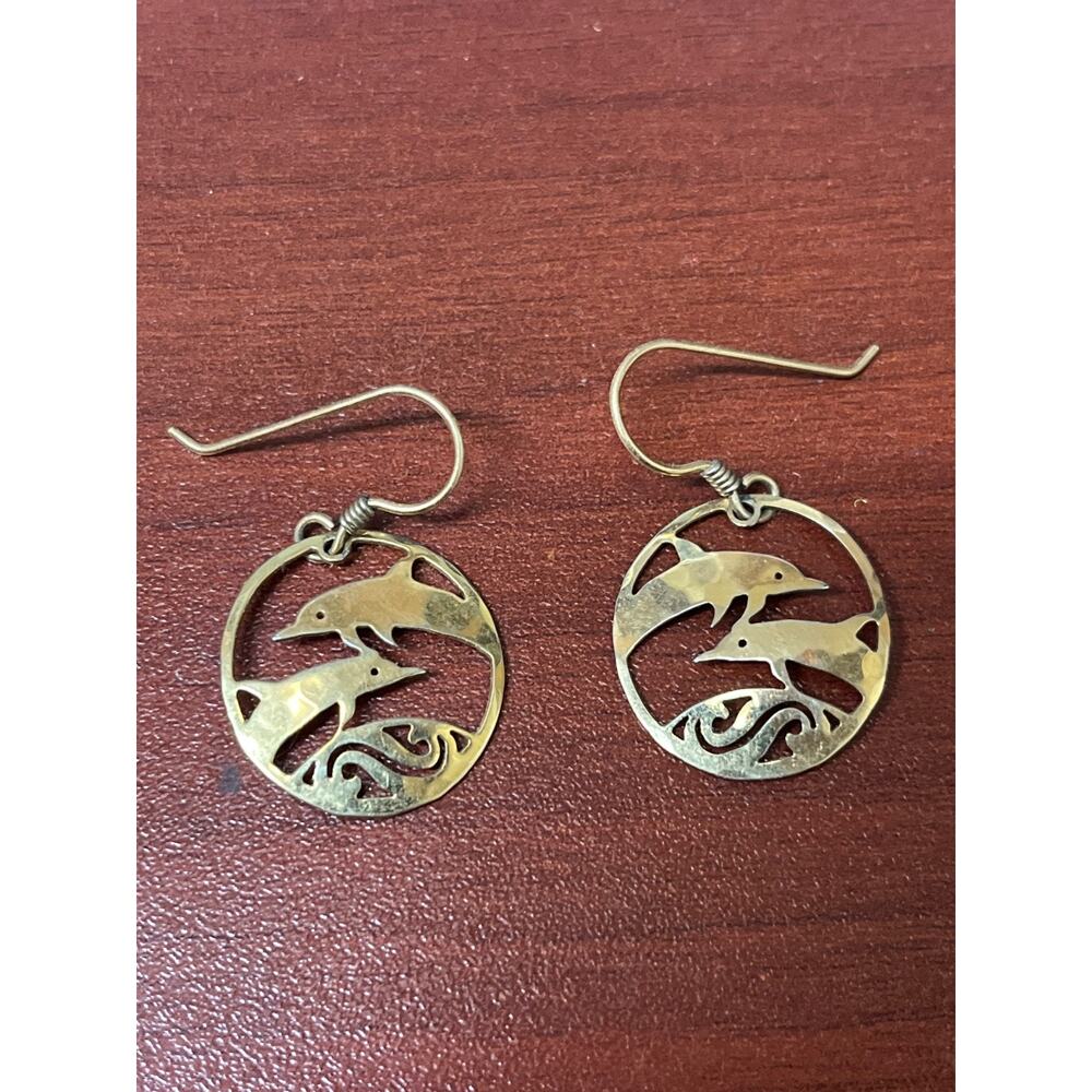 Vintage Wild Bryde Gold Tone Dolphins Dangle Earrings Pierced Hook
